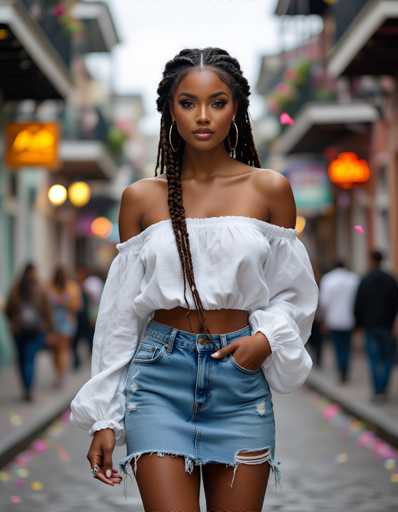 A woman with long brown hair and a white top is walking down a city street at night. She has her hands in her pockets and is looking directly at the camera. The background includes buildings and other people on the sidewalk.