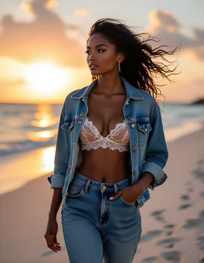 A woman is captured on a beach at sunset. She is wearing a blue denim jacket and white lace underwear over her bikini top. The sky above her is painted with hues of orange and pink, creating a warm glow that contrasts beautifully with the cool tones of the ocean in the background.