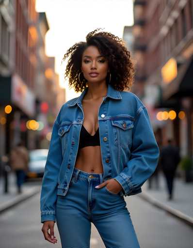 A woman is standing on a city street at dusk, wearing a blue denim jacket and black pants with her hands in her pockets. The background features buildings and cars, suggesting an urban setting.