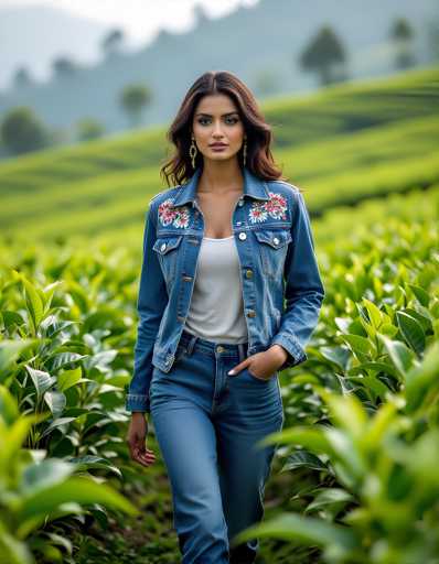A woman is walking through a field with green plants and trees in the background. She is wearing a blue denim jacket adorned with red flowers on the sleeves and jeans. The image has a vintage feel to it, suggesting that it was taken some time ago or could be an old photograph.