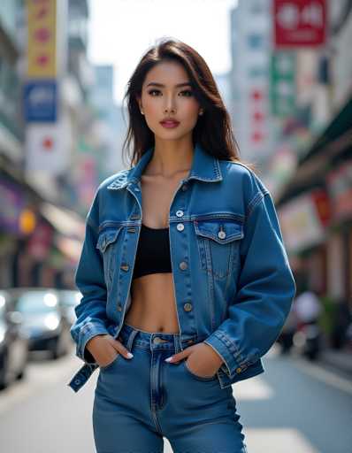 A young woman is standing on a street wearing a blue denim jacket and black pants with her hands in her pockets. She has dark hair styled in loose waves and is looking directly at the camera. The background includes buildings and cars, suggesting an urban setting.