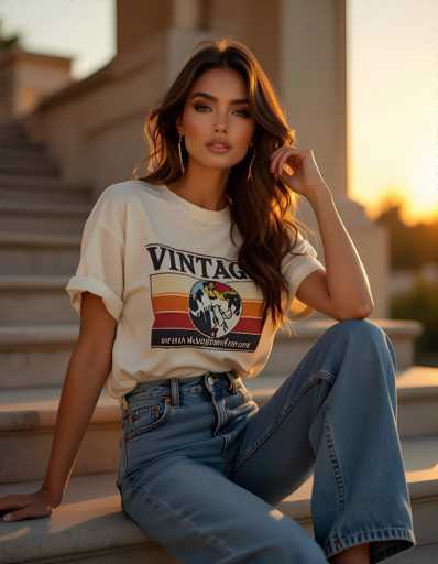 A woman is sitting on a set of stairs with her legs crossed and wearing a vintage t-shirt that says "Vintage" and jeans.