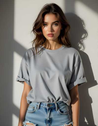 A woman is standing against a white wall with her back to the camera and dressed casually in a gray t-shirt and blue jeans.