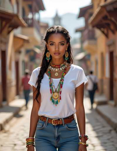 A woman is walking down a cobblestone street wearing a white t-shirt and blue jeans with colorful bracelets on her wrist. She has long dark hair styled in braids and is carrying a large beaded necklace around her neck. The background features buildings of various sizes, suggesting an urban setting.