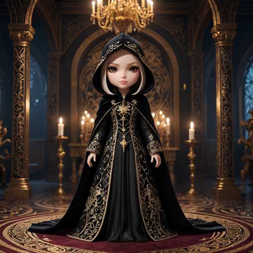 A 3D rendering of a young girl dressed in a black and gold medieval-style gown with a hooded cape and a cross necklace. The girl is standing on a red carpet inside an ornate room with gold columns and a chandelier hanging from the ceiling.