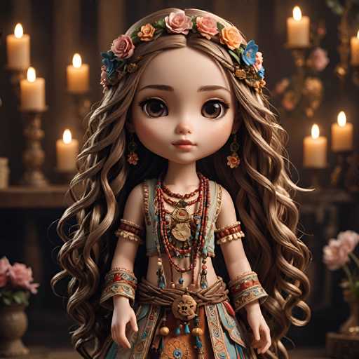 A doll with long brown hair and a flower crown stands against a dark background adorned with candles. The doll is wearing a traditional Indian outfit that includes a blue skirt and a gold headpiece.