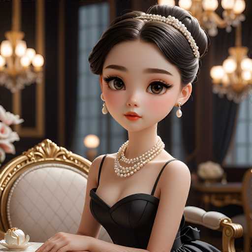 A woman with dark hair and a black dress is seated at a table with a white tablecloth and gold accents. She wears a pearl necklace and earrings that complement her attire. The background features a chandelier and floral arrangements on the table, creating an elegant atmosphere.