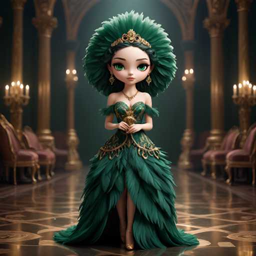 A 3D rendering of a young girl with long hair and green feathers on her head is standing in the center of an ornate room filled with gold-colored furniture and chandeliers. The girl is wearing a green dress that has a train trailing behind it, adding to the grandeur of the scene.