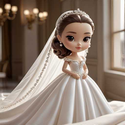 A doll with long brown hair and a white dress is posed on her left side against the backdrop of a window. The doll's face is lit up with a smile as she looks directly at the camera.