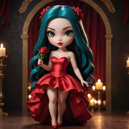 A 3D rendering of a young girl with long, dark hair and blue eyes wearing a red dress with a corset and holding a rose. The background features an archway leading to a room filled with candles and gold decorations, creating an atmosphere of elegance and mystery.