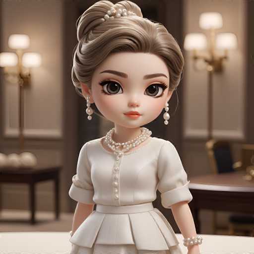 A 3D rendering of a young girl with blonde hair and blue eyes wearing a white dress and pearl necklace standing in front of a table with a lamp on it.