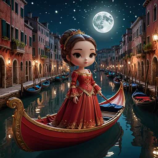 The image depicts a small girl dressed in a red dress and tiara, sitting on the bow of a gondola boat floating on a canal at night. The canal is lined with buildings, creating an urban setting for the scene.
