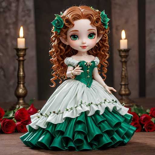 A doll with long red hair and a green dress is posed on the left side of the image against a dark background. The doll's face features two large eyes and a small nose, giving it a charming appearance. On either side of the doll are two gold candlesticks, one on each side, creating an elegant and symmetrical composition.