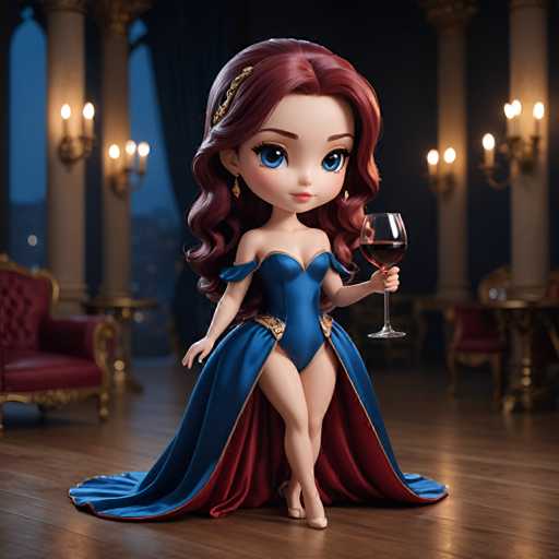 A 3D rendering of a young girl with red hair and blue eyes wearing a blue dress with gold accents holding a glass of wine.