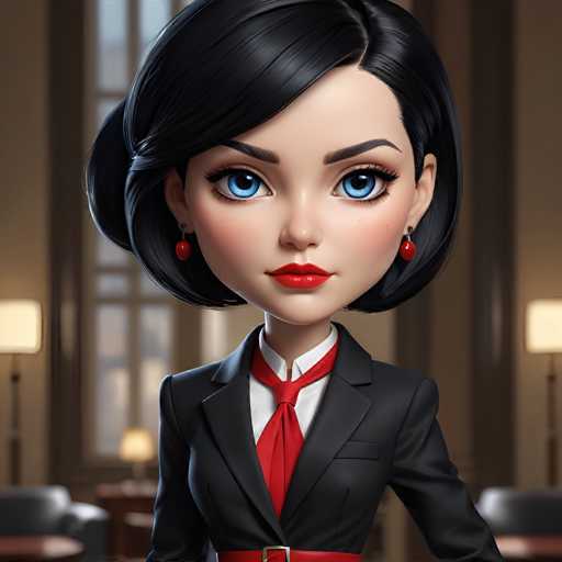 The image shows a close-up portrait of a woman with striking blue eyes and long dark hair styled in an elegant updo. She is wearing a black suit jacket over a white shirt, paired with a red tie. The background features a room with a window that allows natural light to enter the space, creating a warm and inviting atmosphere.