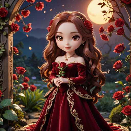 A 3D rendering of a young girl with long brown hair and red hair styled in an elegant updo, wearing a red dress adorned with gold accents and holding a rose. The background features a garden filled with roses and trees, creating a serene and enchanting atmosphere.