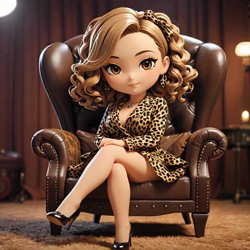 A 3D rendering of a cartoon girl with blonde hair and brown eyes wearing a leopard print dress sitting on the armrests of a chair.