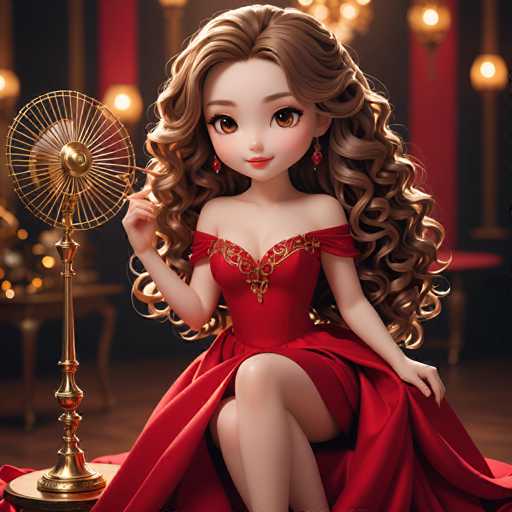 A 3D rendering of a young girl with long brown hair and red hair styled in loose curls is the main subject of this image. She is wearing a vibrant red dress that contrasts beautifully against her skin tone. The background features a black and gold color scheme, adding an elegant touch to the overall composition. A golden fan stands prominently behind the girl, suggesting a luxurious or opulent setting.