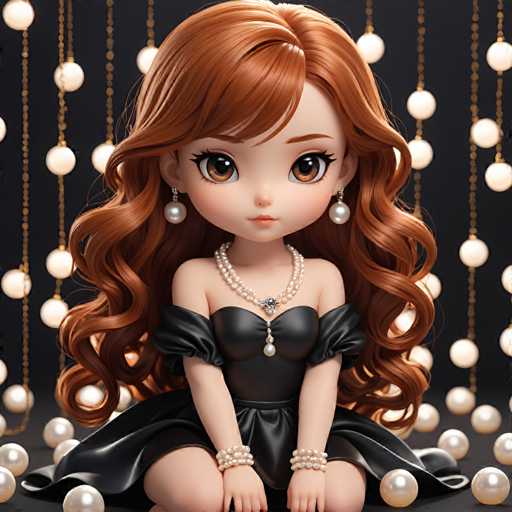 A 3D rendering of a young girl with long red hair and an elegant black dress featuring pearls sitting on her knees against a backdrop of white pearls hanging from the ceiling.