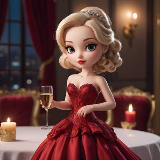 A charming blonde girl with blue eyes is elegantly dressed in a red ball gown and holding a glass of champagne while seated at a table adorned with gold candlesticks and a white tablecloth.