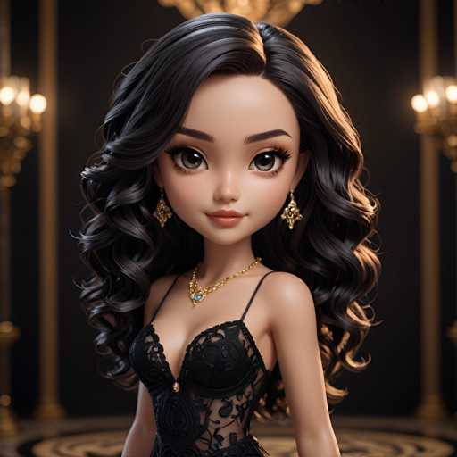 The image shows a close-up portrait of a young girl with dark hair styled in loose curls and wearing a black dress with gold accents. The background is dark and features gold accents, including chandeliers that add an elegant touch to the scene.