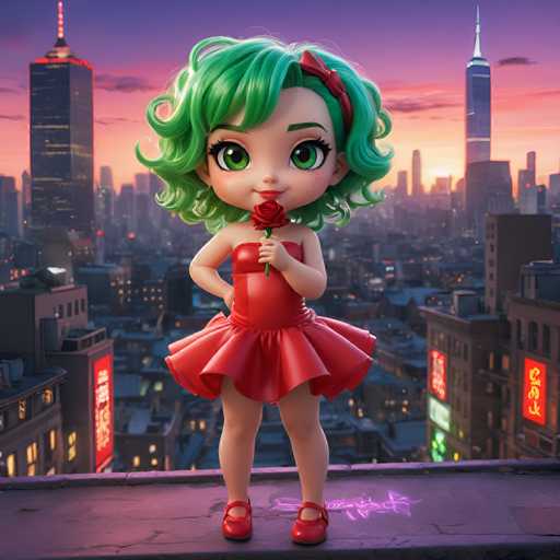A small green-haired girl with a red dress stands on a rooftop at sunset, holding a rose and gazing out over the city skyline.