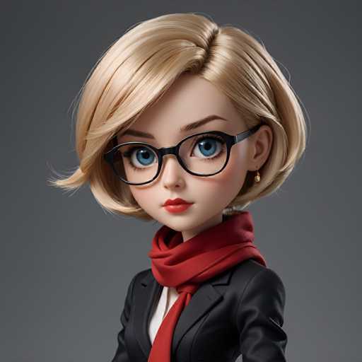 A cartoon girl with blonde hair wearing glasses and a red scarf is the main subject of this image. She has blue eyes that add a touch of color to her appearance. The background is a plain gray color, which contrasts nicely with the vibrant colors of the girl's outfit and makeup.