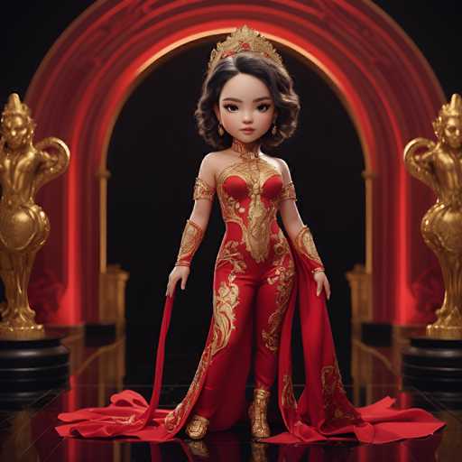 The image depicts a young girl wearing a red and gold costume with a gold crown on her head, standing in front of a large archway that is adorned with gold statues. The girl's pose suggests she is posing for the photo.