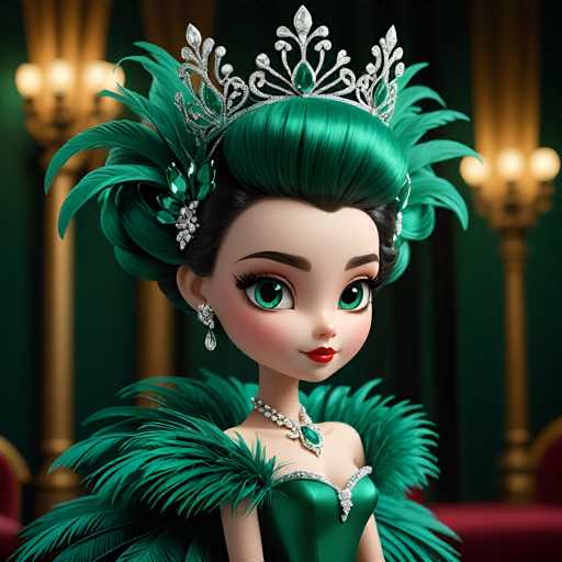 The image shows a close-up portrait of a young girl with long hair and green eyes wearing a tiara and feather boa. The background is dark green, providing a contrast to the girl's vibrant attire.