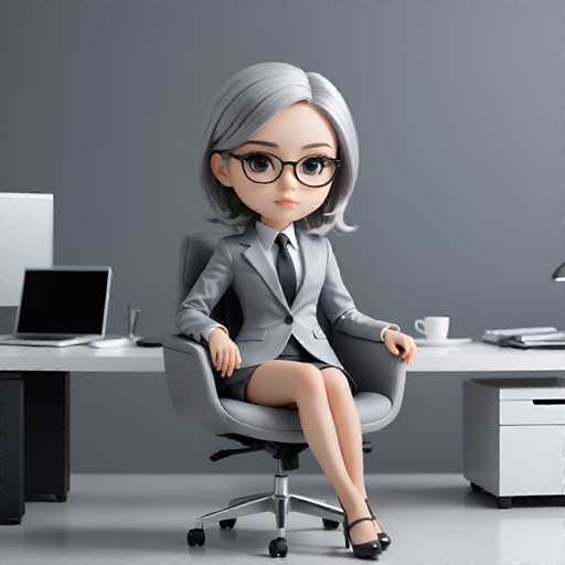 A 3D rendering of a woman dressed in a suit and tie is seated at an office desk with a laptop on the desk next to her.