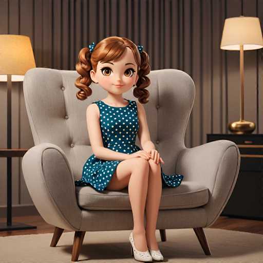 A cartoon girl with red hair and blue polka dot dress is sitting on a gray armchair in front of a lamp that has gold trim.