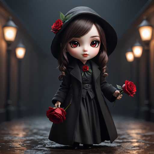 A 3D rendering of a doll with brown hair and dark eyes dressed in a black coat and hat holding two red roses on either side of her face.