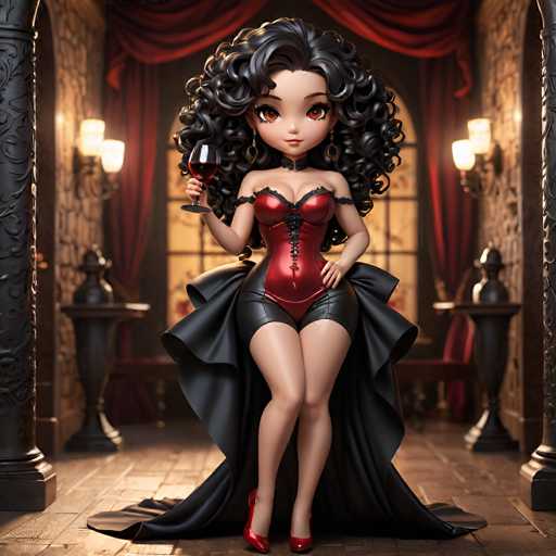 A 3D rendering of a woman with curly hair and dark skin wearing a red dress and corset holding a wine glass.