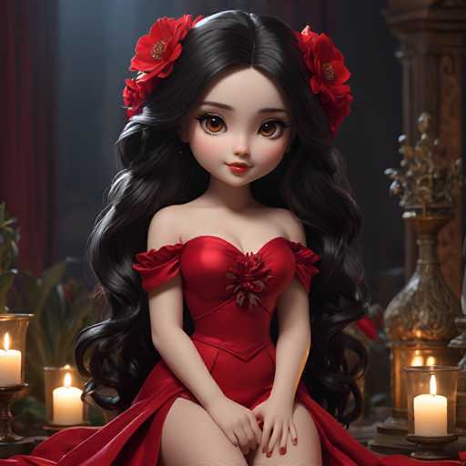 The image depicts a young girl with long black hair wearing a red dress and holding a bouquet of flowers. She is seated on a bench surrounded by candles that cast a warm glow around her. The background features a dark room with a window dressed in red curtains, adding to the overall ambiance of the scene.
