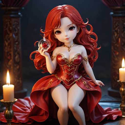 A 3D rendering of a red-haired girl with large eyes and a red dress holding a crystal ball.