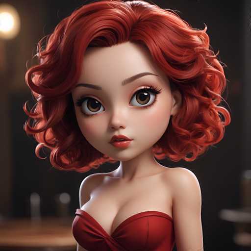 The image shows a close-up portrait of a young woman with red hair styled in curls and wearing a red strapless dress. The background is dark and blurred, drawing attention to the subject's face and upper body.