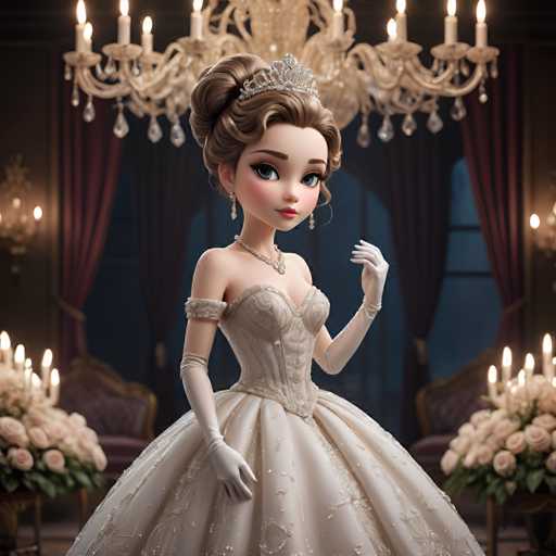 A digital illustration of a young girl dressed in an elegant white gown with a tiara and gloves, standing in front of a large window adorned with chandeliers and surrounded by flowers.