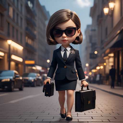 A cartoon woman dressed in a suit and sunglasses is walking down a city street carrying two briefcases.