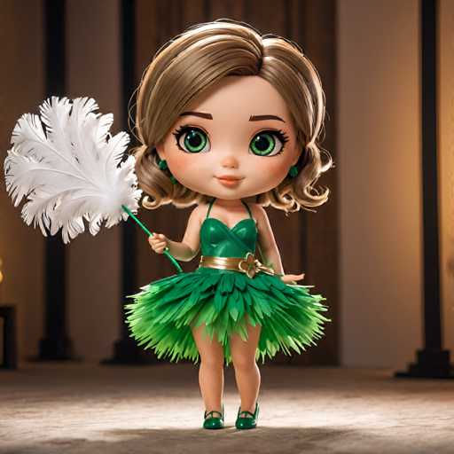 A charming little girl with blonde hair and green eyes is standing on a carpeted floor, holding a white feather duster in her right hand and wearing a green dress adorned with green leaves.