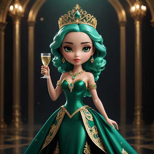 A green-haired girl with a gold crown and tiara is holding a glass of wine in her right hand while wearing a long, ornate dress that features intricate gold designs on the bodice and skirt. The setting appears to be a grand room with a large archway and columns visible in the background.