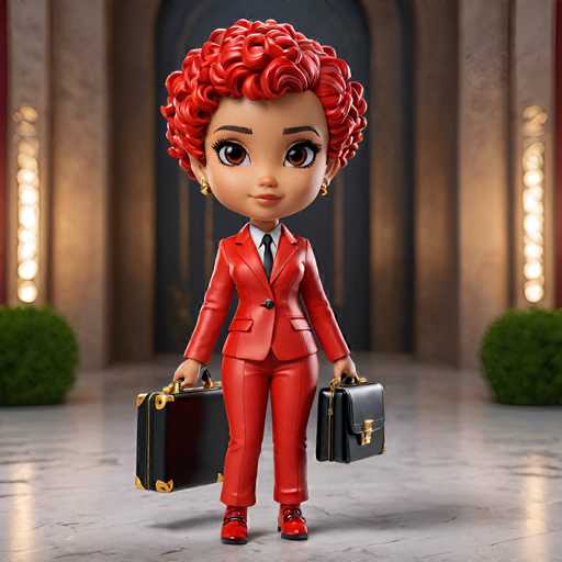 A 3D rendering of a cartoon girl with red hair and an orange dress holding two black suitcases on her left arm and right hand.