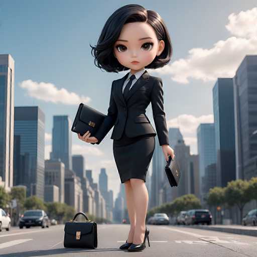 A 3D rendering of a woman dressed in a black suit and heels standing on the street holding two briefcases.