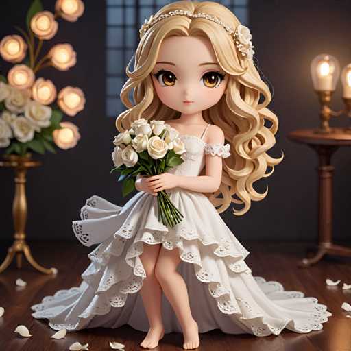 A charming cartoon girl with blonde hair and blue eyes is seated on a wooden floor, holding a bouquet of white roses. She is wearing a beautiful white dress adorned with lace details that flow down to her feet. The background features a dark room with a window dressed in white curtains, allowing soft light to illuminate the scene. A gold candelabra stands tall against this backdrop, adding an elegant touch to the overall composition.