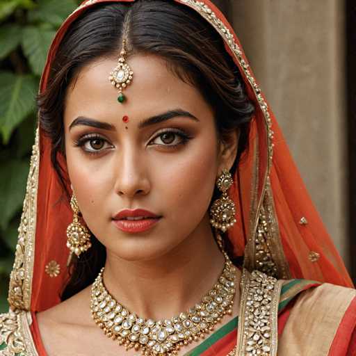 The image shows a woman wearing traditional Indian attire, including an orange sari with gold embroidery and a red headpiece adorned with green jewels. She is also wearing a gold necklace and earrings that complement her outfit. The background features a brick wall and plants, adding to the overall ambiance of the scene.