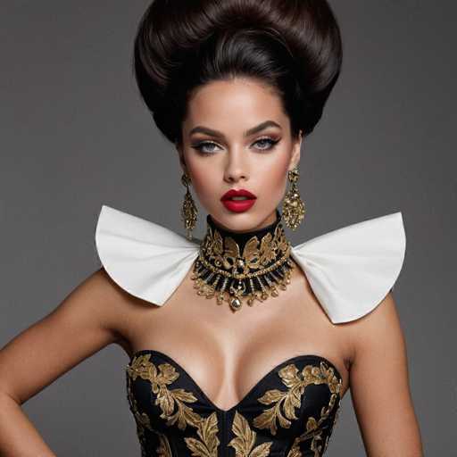 A woman with long dark hair is the main subject of this image. She is wearing a black and gold dress that features a corset-like top and a ruffled collar. The dress has a gold chain necklace and earrings on her ears. Her makeup includes red lipstick, which complements her outfit.
