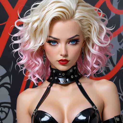 The image shows a woman with blonde hair styled in loose curls and wearing a black leather bra. She is looking directly at the camera with an intense gaze. The background features a red and black patterned wall that contrasts with her dark hair color.