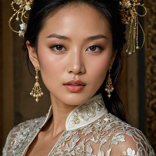 The image shows a woman with dark hair wearing a white dress and gold earrings. She is looking directly at the camera with an expression of concentration or thoughtfulness on her face. The background features a brown curtain that adds depth to the scene.