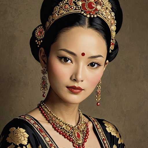The image shows a woman with dark hair wearing traditional Chinese clothing and jewelry. She is looking directly at the camera with an expression of concentration or contemplation. The background appears to be a plain wall, which contrasts with her colorful attire and accentuates her presence in the frame.