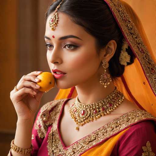 A woman wearing traditional Indian attire is captured eating an orange slice with a gold chain around her neck and earrings on her ears.
