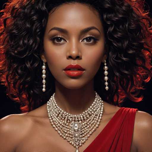 A woman with curly hair wearing a red dress and pearls is the main subject of this image. She has dark skin tones and her eyes are looking directly at the camera. The background is black, which contrasts with the white pearls on her neck and earrings.